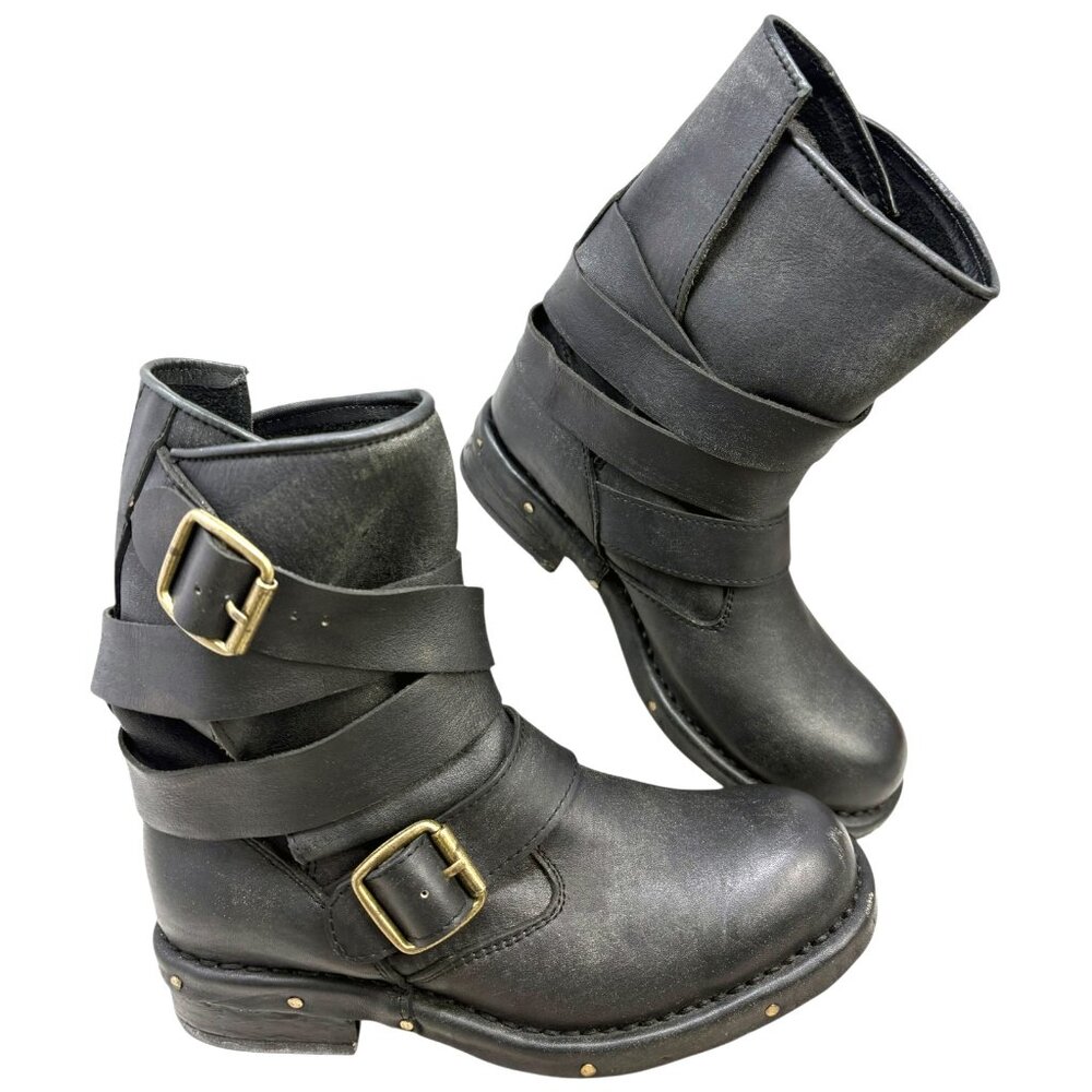 Jeffrey Campbell Distressed Black Leather Split Shaft‎ Strap Brit Boot